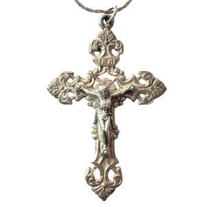 VTG Sterling Silver Stamped Ornate Religious Cross Crucifix Pendant 20 in Chain